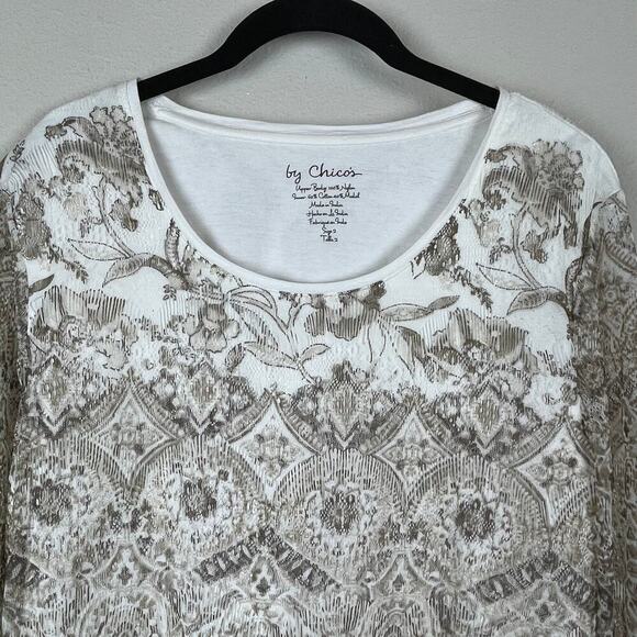 Chico's Lace Overlay Top Cream Ivory‎ Size 2 M Sheer Fringe Long Sleeve Blouse - Picture 2 of 7